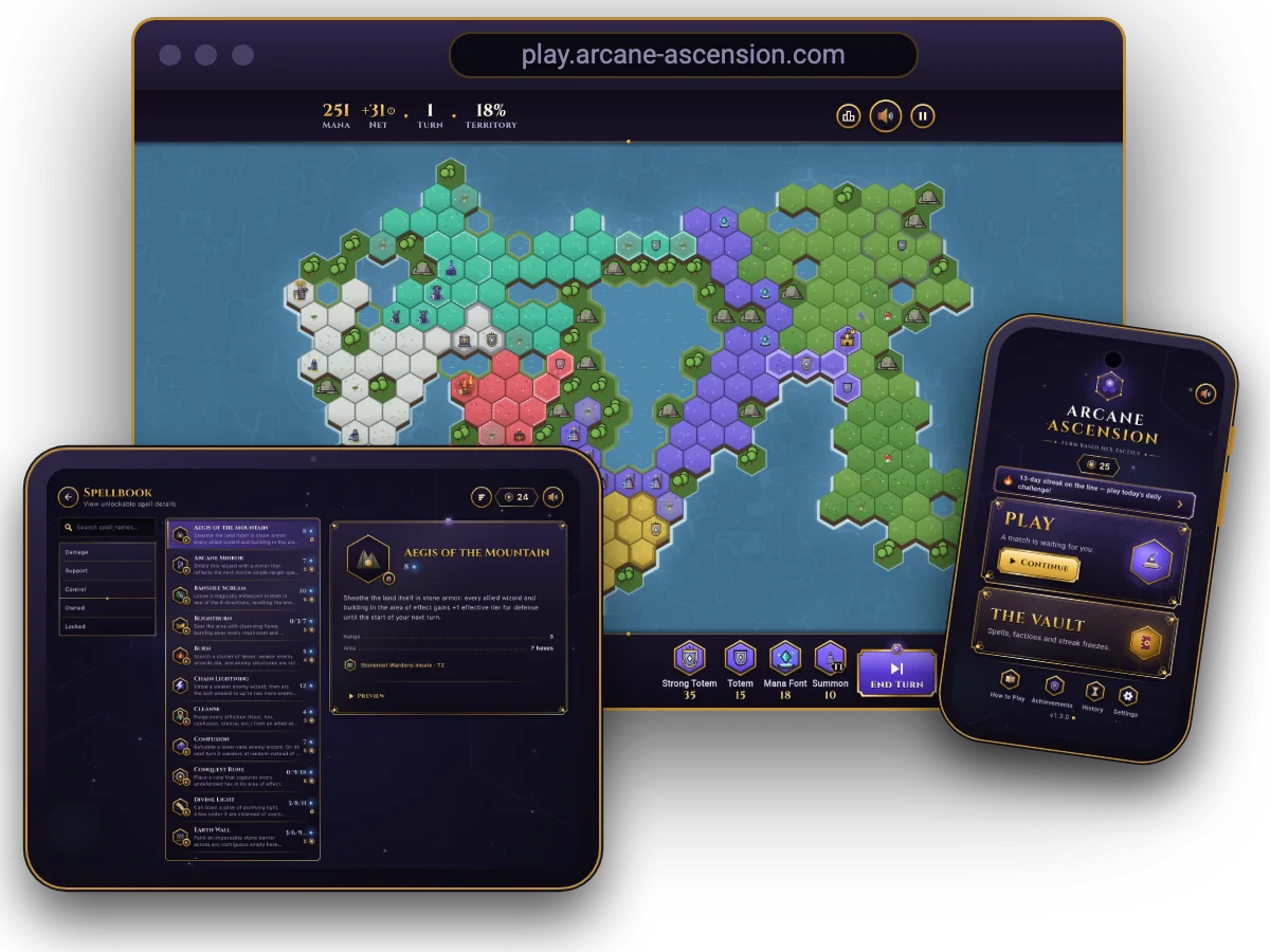 Arcane Ascension on three screens: the main menu on an Android phone, the spellbook on an iPad, and a six-realm board in a desktop browser
