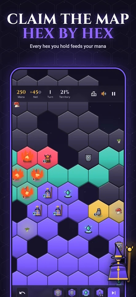Claim the map, hex by hex — a fireball landing on a knot of rival wizards