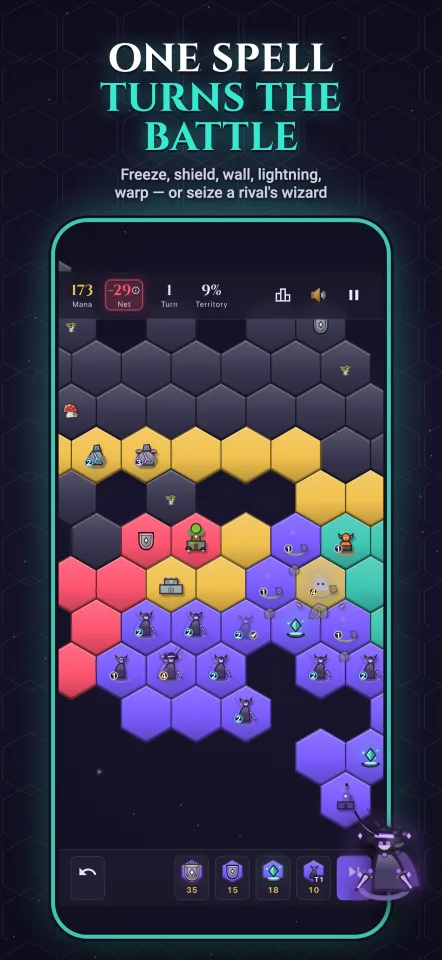 One spell turns the battle — freeze, shield, wall, lightning, warp, or seize a rival's wizard