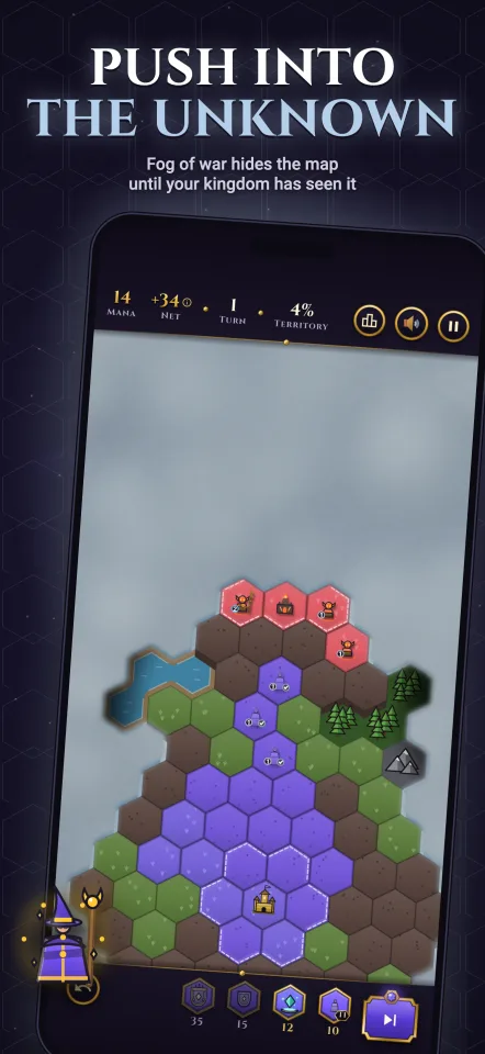 Push into the unknown — fog of war hides the map until your kingdom has seen it