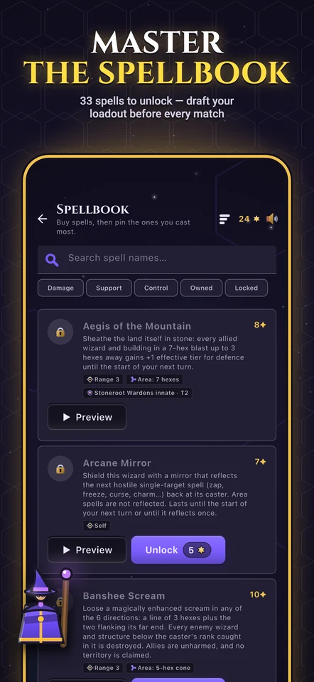 Master the spellbook — 33 spells to unlock, filtered by category
