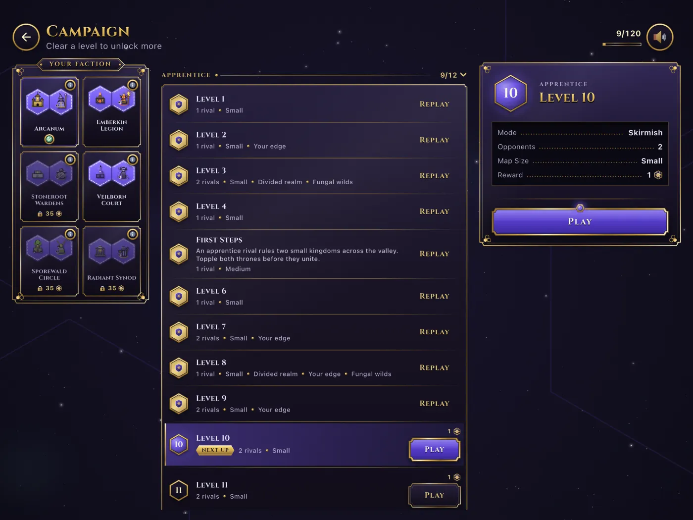 The campaign ladder, with a level's details beside it