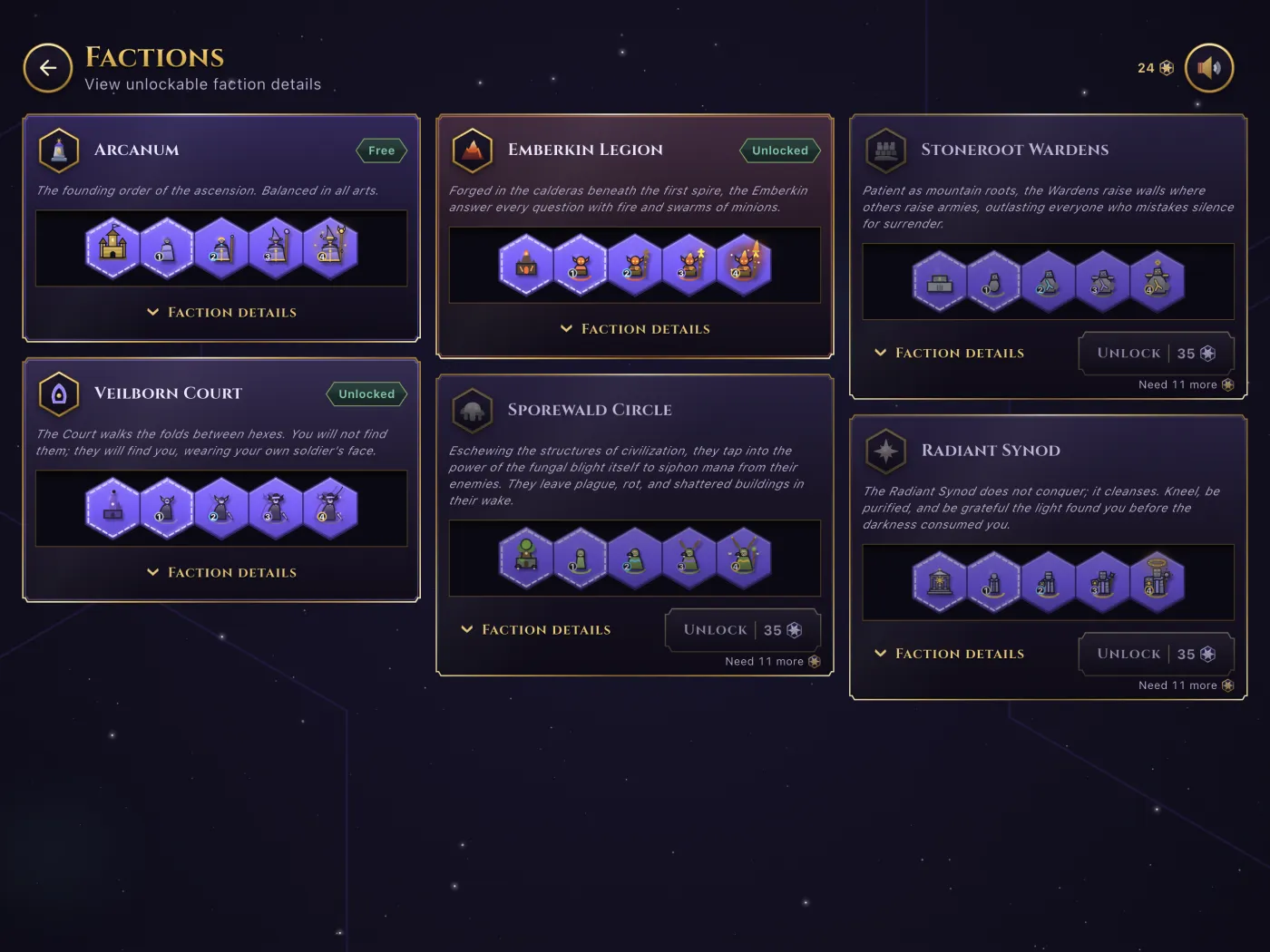 The six playable factions, each with its five units