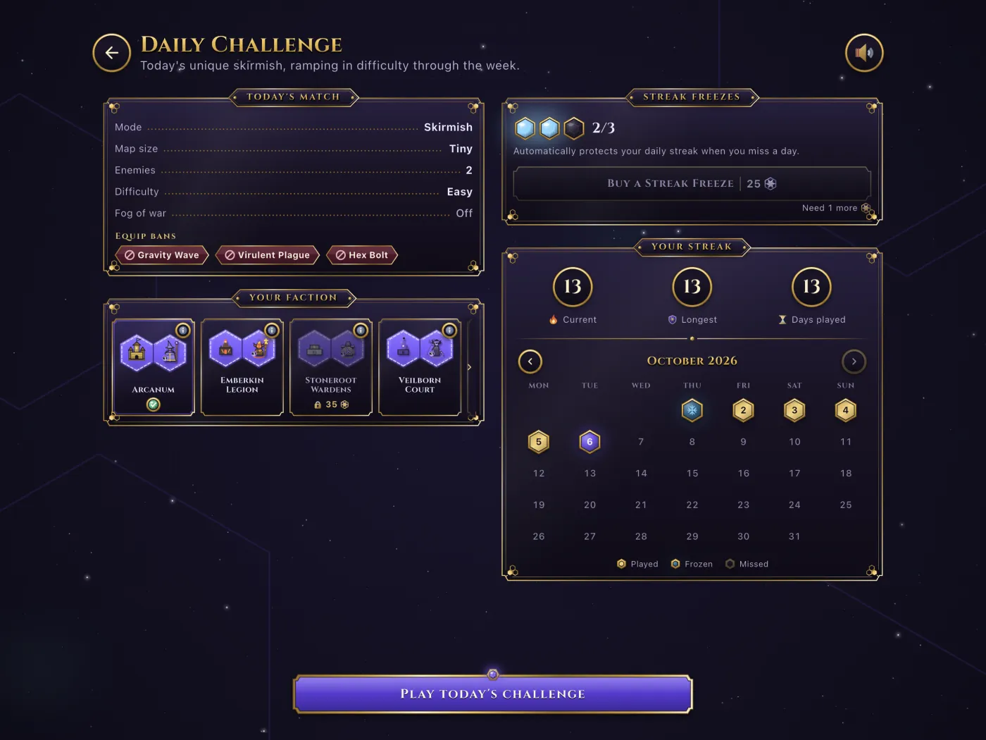 The Daily Challenge, with today's map and the streak calendar