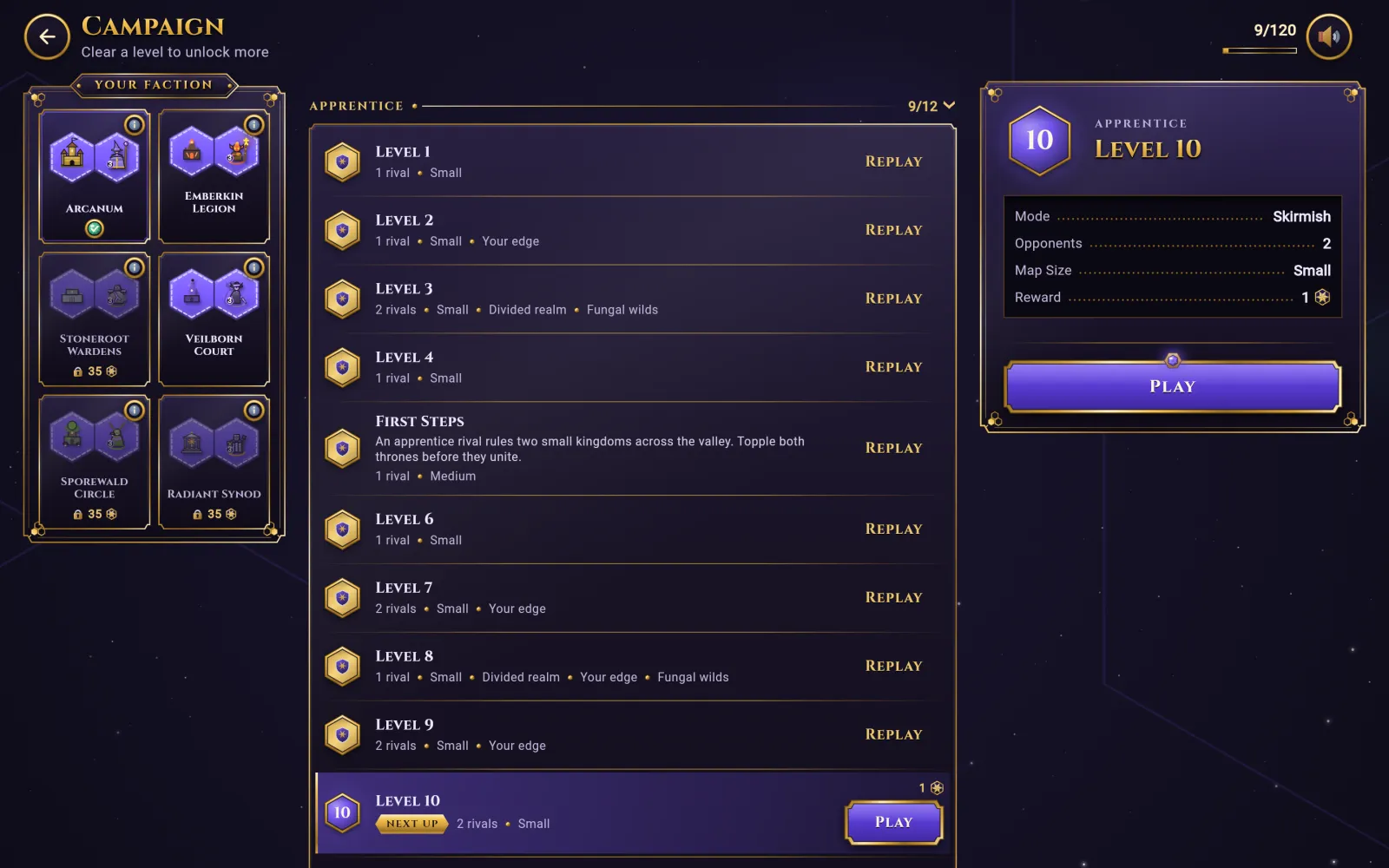 The campaign ladder, with a level's details beside it