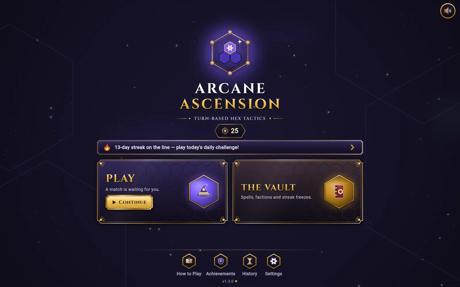 The main menu: Play, the Vault, and the daily streak