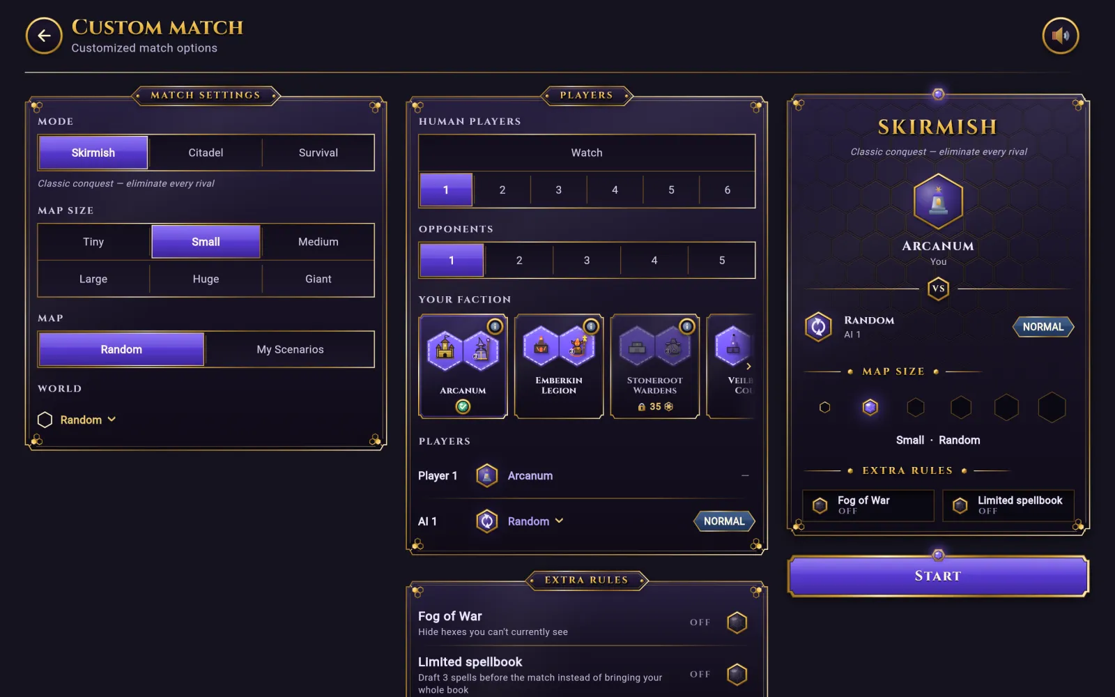 Match setup: game mode, map, rivals and factions